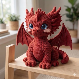 May include: A handmade red crochet dragon with large blue eyes, wings, and horns. The dragon is sitting on a light-colored wooden surface. The dragon's wings are spread, and it has a friendly expression.