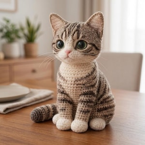 May include: A handmade crochet cat figurine with large, expressive green eyes. The cat has a striped pattern in shades of brown and cream, with white paws and a pink nose. It is sitting on a wooden table.