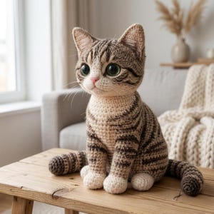 May include: A crocheted cat figurine with large green eyes, brown stripes, and white paws sits on a wooden table. The handmade cat has a light beige body and a long tail. The cat is a decorative item.