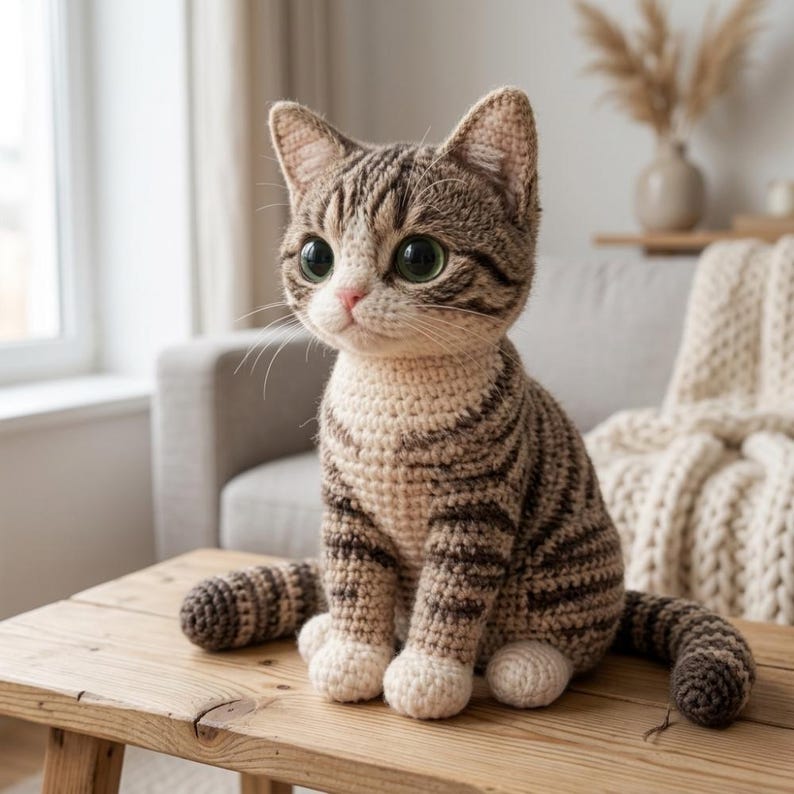 May include: A crocheted cat figurine with large green eyes, brown stripes, and white paws sits on a wooden table. The handmade cat has a light beige body and a long tail. The cat is a decorative item.