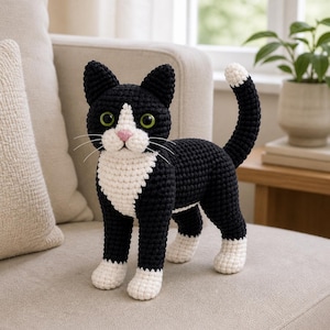 Könnte beinhalten: Eine handgefertigte Häkelkatze in Schwarz und Weiß, die auf einer neutralfarbenen Oberfläche steht. Die Katze hat grüne Augen, eine rosa Nase und weiße Schnurrhaare. Die Ohren, der Körper und der Schwanz der Katze sind schwarz, mit weißen Akzenten auf Brust, Pfoten und Schwanzspitze. Ein dekorativer Artikel.