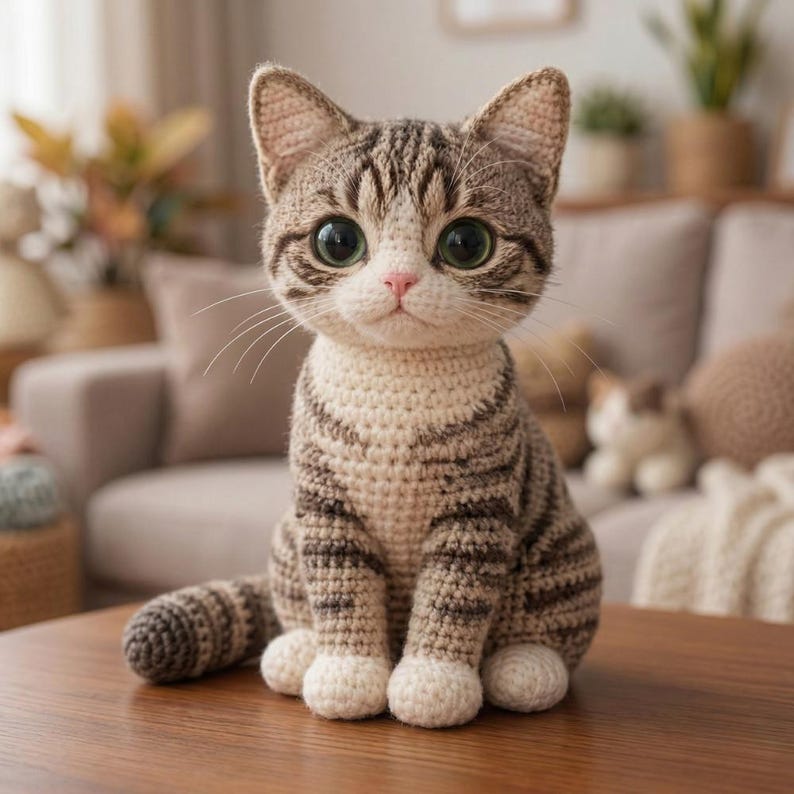 May include: A crocheted cat figurine with large, expressive green eyes and a pink nose. The cat has a tabby pattern in shades of brown and cream. It is sitting on a wooden table, with its tail curled to the side.
