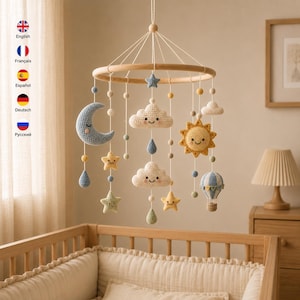 Móbile de crochê para bebê em PDF • Móbile de sol, lua e nuvem para berçário • Móbile de balão de ar quente para berço