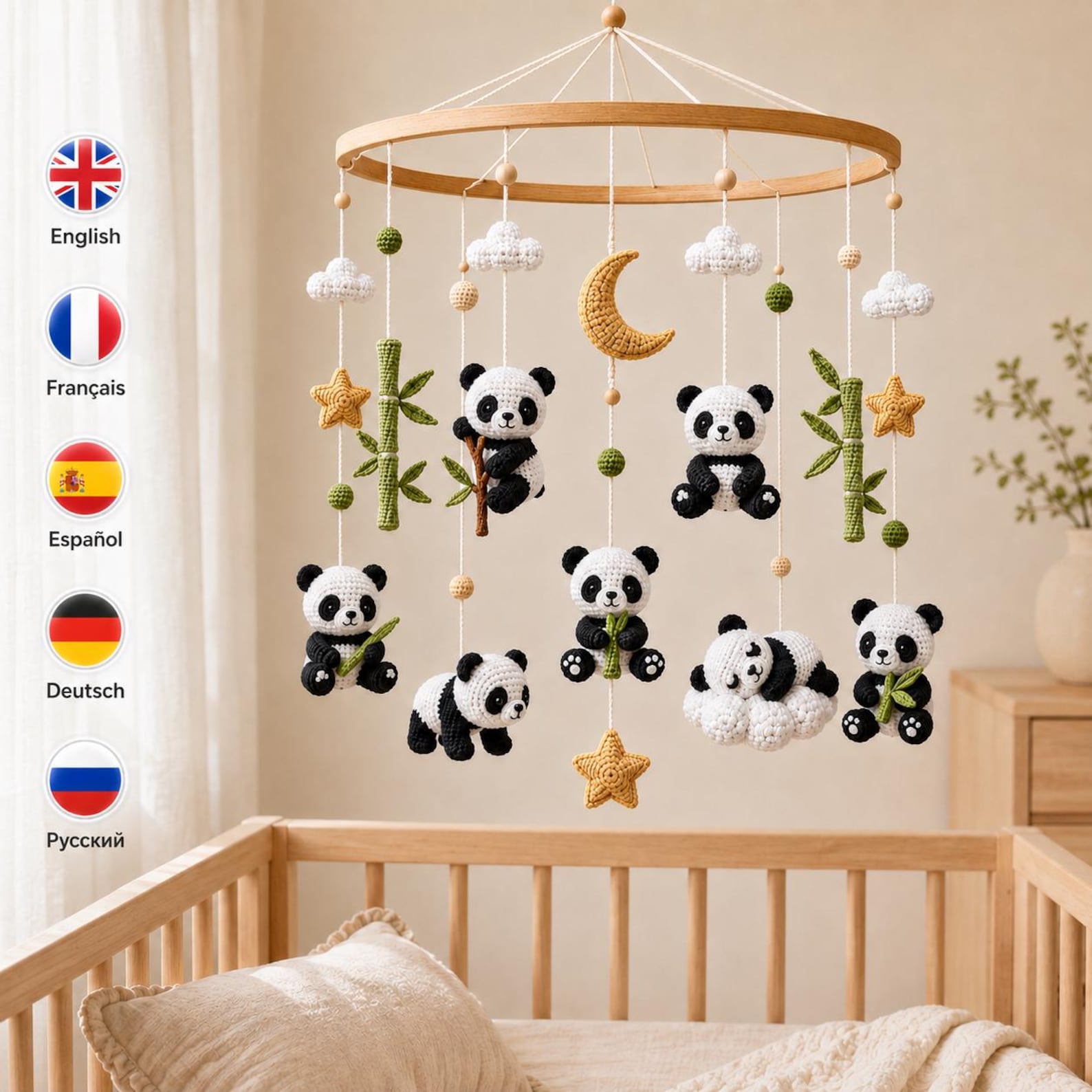 Handcrafted panda plush toy displayed as a retail showpiece