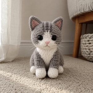 May include: A handmade crochet cat in gray and white, with pink accents on the ears and nose. The cat has large black eyes and white paws. It is sitting on a beige carpet.