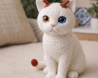 White Heterochromia Cat Amigurumi Pattern PDF • Realistic Crochet Kitty Tutorial