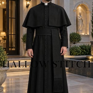 May include: A black cassock featuring a white clerical collar, a shoulder cape, and a long sash with a fringed end. The garment has a full-length button-down front closure. The text HALLOW STITCH is visible across the lower portion of the image.