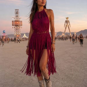 May include: A deep magenta macramé halter dress featuring a high neckline, a woven bodice with a cutout waist section, and a long fringe skirt that extends to the knees. The garment is worn over black shorts and paired with light-colored lace-up boots.