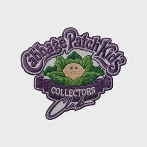 May include: Embroidered patch featuring the Cabbage Patch Kids logo. The design includes a baby's face nestled in green leaves, with the words "Cabbage Patch Kids" and "Collectors Club" in purple and white.