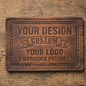 Könnte beinhalten: Ein rechteckiger, brauner Lederaufnäher mit den geprägten Worten "YOUR DESIGN CUSTOM YOUR LOGO EMBROIDERED PATCHES". Der Aufnäher hat einen genähten Rand und liegt auf einem Holzgrund.