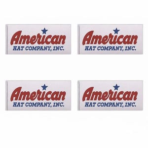 May include: Four white rectangular labels with the text "American HAT COMPANY, INC." in red and blue. The word "American" is in a bold, cursive font, with a blue star above it.