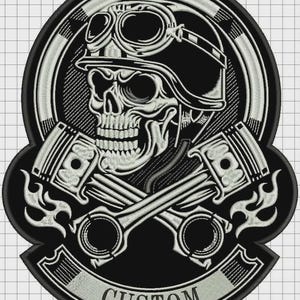 May include: Embroidered patch featuring a skull wearing a motorcycle helmet and goggles. The skull is centered above crossed pistons, with the word "CUSTOM" at the bottom. The design is primarily black and white.