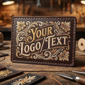 Puede incluir: Una cartera de cuero marrón con bordado floral dorado y el texto "YOUR LOGO/TEXT". La cartera está rodeada de herramientas de artesanía en cuero y otras piezas de cuero sobre una superficie de madera. El diseño es intrincado y detallado.