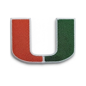 May include: Embroidered patch in the shape of the letter "U". The left side is orange, the right side is green, and the outline is white. The patch is likely for apparel or accessories.