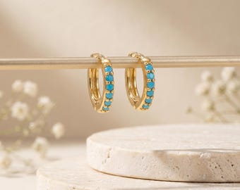 18K Gold Filled Turquoise Hoop Earrings, Statement Huggie Hoops, Blue Stone Cartilage Earrings, Trendy Jewelry Gift for Her