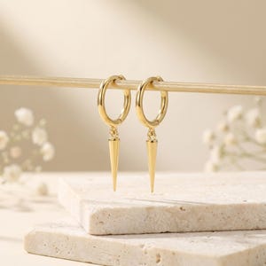 18K Gold Filled Minimalist Spike Drop Hoop Earrings, Dainty Everyday Ear Stack, Sleek Modern Geometric Huggie Earrings