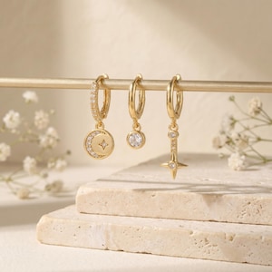 18K Gold Filled 3-Piece Earring Set, Moon Star Charm Huggie, CZ Solitaire Drop, North Star Dangle, Stackable Cartilage Jewelry Gift for Her