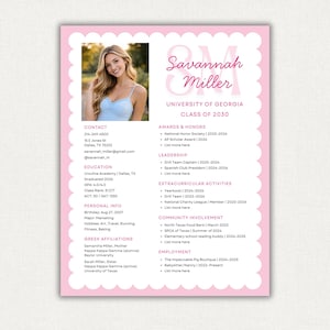 May include: A pink resume template with a scalloped border features a photo of a woman and the name "Savannah Miller." The document includes contact information, education, awards, leadership, extracurricular activities, community involvement, and employment details.