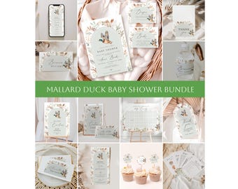 May include: A mallard duck baby shower stationery bundle featuring arched designs, watercolor illustrations of ducks, reeds, and dried foliage. The set includes invitations, thank you cards, signage, water bottle labels, and cupcake toppers.