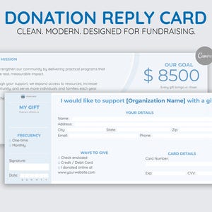 Puede incluir: Tarjeta de respuesta de donación con un diseño limpio y moderno para la recaudación de fondos. La tarjeta incluye secciones para la misión de la organización, un objetivo de 8.500 €, y los datos del donante.