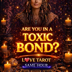 May include: A digital art image featuring a woman with a feathered headdress and jewelry. The text "ARE YOU IN A TOXIC BOND?" is displayed in glowing gold letters. The image includes candles, tarot cards, and the words "LOVE TAROT SAME HOUR".
