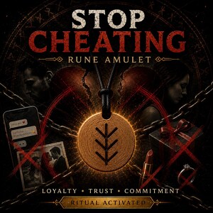 May include: A bronze-colored rune amulet with a black cord, featuring the text "STOP CHEATING" and "RUNE AMULET." The image includes a broken heart, chains, and the words "LOYALTY, TRUST, COMMITMENT, RITUAL ACTIVATED."