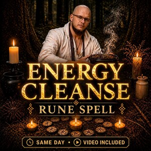 May include: An image with the text "ENERGY CLEANSE RUNE SPELL" in gold lettering. A man with glasses and a beard is holding a pot with smoke rising from it. Lit candles and rune stones are arranged around the man.