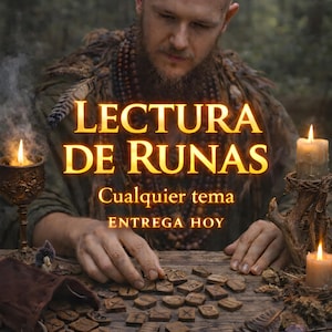 以下が含まれることがあります： キャンドルとルーンに囲まれた、丸刈りの男性の画像。テキスト「LECTURA DE RUNAS」は金色の文字で表示され、その下にテキストが追加されています。ルーンは木製のテーブルの上にあり、バッグと羽が置かれています。