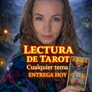Pode incluir: Uma mulher com cabelo longo e ondulado e uma faixa marrom segura uma carta de tarô. A imagem inclui o texto "LECTURA DE TAROT, Cualquier tema, ENTREGA HOY." A mulher usa um xale colorido.