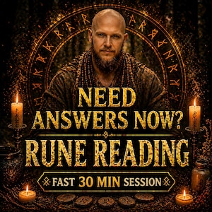 May include: A digital image with a man at the centre, surrounded by candles and rune stones. The text "NEED ANSWERS NOW? RUNE READING" is in gold, with "FAST 30 MIN SESSION" below. The background has a mystical, dark theme.