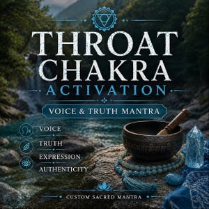 May include: A dark metal singing bowl with a wooden mallet, a light blue beaded mala necklace with a tassel, and a clear blue crystal point. The text reads THROAT CHAKRA ACTIVATION, VOICE & TRUTH MANTRA, VOICE, TRUTH, EXPRESSION, AUTHENTICITY, CUSTOM SACRED MANTRA.