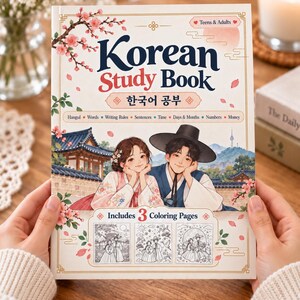 Beginner Korean Study Book for Teens & Adults, Hangul Study Book, Korean Language Practice Book, 8 Learning Topics, 3 Coloring Pages