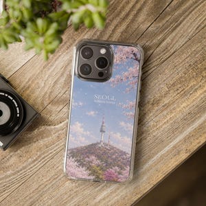 Spring in Seoul Clear Magnetic iPhone Case, Cherry Blossom Namsan Tower Phone Case, Korean Aesthetic MagSafe Case, Sakura Seoul iPhone Cover