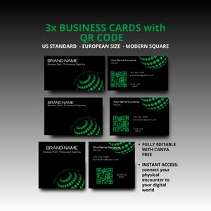 Puede incluir: Tarjetas de visita negras con un diseño esférico verde y códigos QR. Las tarjetas incluyen el texto "3x BUSINESS CARDS with QR CODE" y "US STANDARD - EUROPEAN SIZE - MODERN SQUARE". Las tarjetas son totalmente editables con Canva.