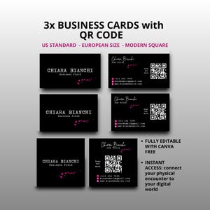 Può includere: Biglietti da visita neri quadrati con il nome "Chiara Bianchi" e informazioni di contatto, incluso un codice QR. I biglietti hanno un design moderno. Il testo "3x BUSINESS CARDS with QR CODE" è in alto.