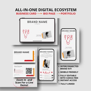 May include: A digital ecosystem kit featuring a business card, bio page, and portfolio design. The kit includes a tablet, two smartphones, and a business card, all displaying the same brand name and design. The text "Zoom In and Scan For a Live Demo!" is visible.