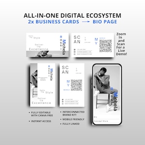 Peut inclure: Graphique d'un écosystème numérique tout-en-un, avec des cartes de visite et une page bio. Le design comprend le texte "ALL-IN-ONE DIGITAL ECOSYSTEM" et "2x BUSINESS CARDS -> BIO PAGE". Les cartes de visite ont un code QR.