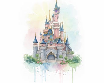 Parijs Disneyland kasteel aquarel digitaal afdrukbaar