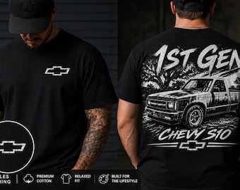 May include: Black t-shirts with a white Chevrolet logo on the front and a graphic of a truck with the text "1st Gen Chevy S10" on the back. The shirts are made of premium cotton and have a relaxed fit.
