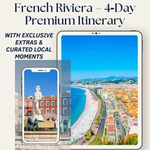 Puede incluir: Una presentación digital de un itinerario Premium de 4 días por la Riviera Francesa. La imagen muestra un smartphone y una tableta que muestran vistas panorámicas de la Riviera Francesa, con el texto "WITH EXCLUSIVE EXTRAS & CURATED LOCAL MOMENTS."