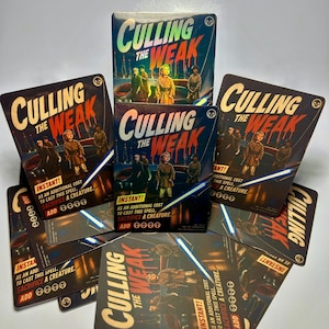 May include: A collection of trading cards with a vintage sci-fi aesthetic. The cards feature the title "Culling the Weak" in a retro font, with illustrations of figures and glowing lightsabers. The cards have a dark color scheme with text that reads "Instant!"