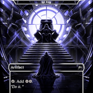 May include: A fantasy art card titled "Emperor's Throne Room" with a dark, dramatic scene. The image features a figure seated on a throne, with another figure in a dark cloak standing before them. The card is labeled "Artifact" and includes the text "Do it."