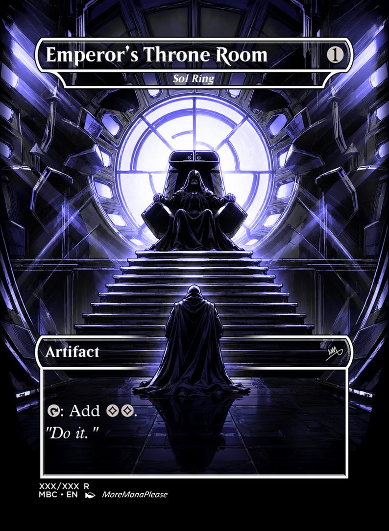Pode incluir: Um cart&atilde;o de arte de fantasia intitulado "Emperor's Throne Room" com uma cena sombria e dram&aacute;tica. A imagem apresenta uma figura sentada em um trono, com outra figura em uma capa escura em frente a eles. O cart&atilde;o &eacute; rotulado "Artifact" e inclui o texto "Do it."