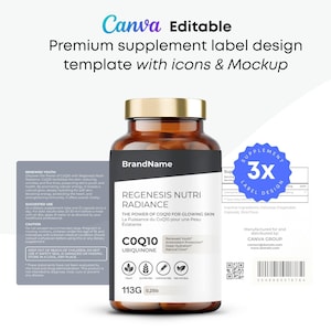 Pode incluir: Uma garrafa de suplemento com um rótulo preto e branco, com o texto "REGENESIS NUTRI RADIANCE" e "COQ10 UBIQUINONE". O design do rótulo inclui ícones e o texto "113G". A garrafa tem uma tampa marrom.
