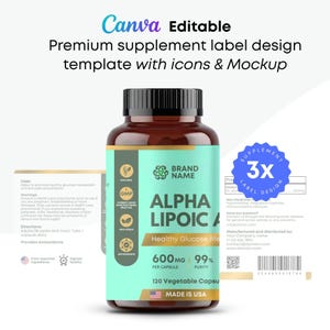 May include: A brown supplement bottle with a black cap and a light green label. The label reads "ALPHA LIPOIC ACID" and "600MG" with the text "Healthy Glucose Metabolism". The bottle contains 120 vegetable capsules and is made in the USA.