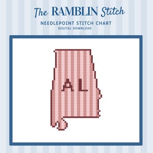 May include: A digital needlepoint stitch chart featuring the state of Alabama, with the letters "AL" in the center. The state outline is in shades of pink with vertical stripes. The text "The RAMBLIN Stitch" and "NEEDLEPOINT STITCH CHART DIGITAL DOWNLOAD" are at the top.