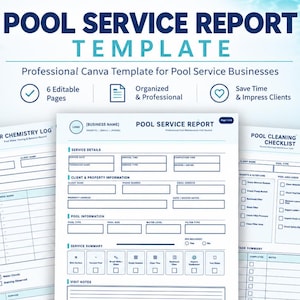 May include: A digital pool service report template set featuring a main report page, water chemistry log, cleaning checklist, and equipment inspection form. The documents include fields for business name, client details, and service summaries.
