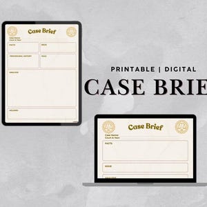Puede incluir: Una plantilla digital de resumen de caso que se muestra en una tableta y una computadora portátil. La plantilla presenta secciones para el nombre del caso, los hechos, el problema, el historial procesal, la regla, el análisis y la decisión. También se muestran las palabras "PRINTABLE | DIGITAL" y "CASE BRIEF".