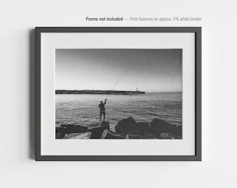 Black and White Ocean Photography Print | Lone Fisherman Wall Art | Praia da Rocha Lighthouse Portugal | Coastal Fine Art Poster Unframed