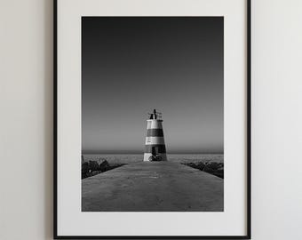 The Lonely Bicycle at the Lighthouse - Black and White Portugal Photography | Minimalist Seascape Print | Solitude & Silence Wall Art |Ocean